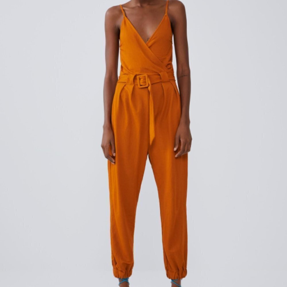 NWT ZARA V NECK STRETCH ORANGE JOGGER JUMPSUIT WITH BELT